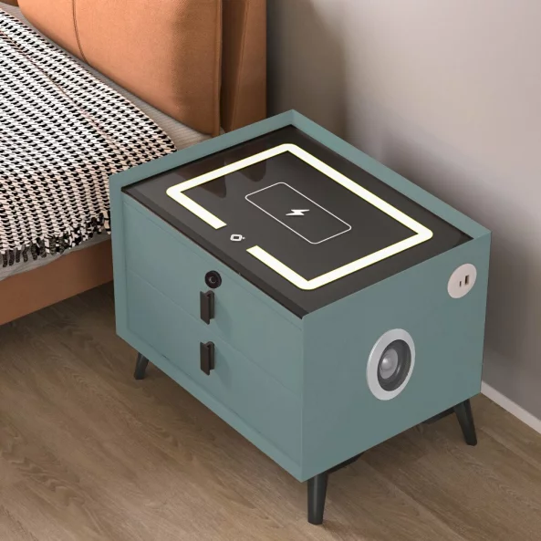 Intelligens ejjeliszekreny vezetek nelkuli toltessel, LED vilagitas, Bluetooth hangszoro, USB es Type-C port - zold szin, 2 fiok, modern uveg es fa dizajn
