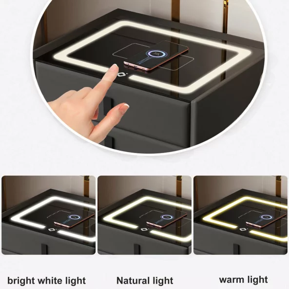 Intelligens ejjeliszekreny vezetek nelkuli toltessel, LED vilagitas, Bluetooth hangszoro, USB es Type-C port - zold szin, 2 fiok, modern uveg es fa dizajn