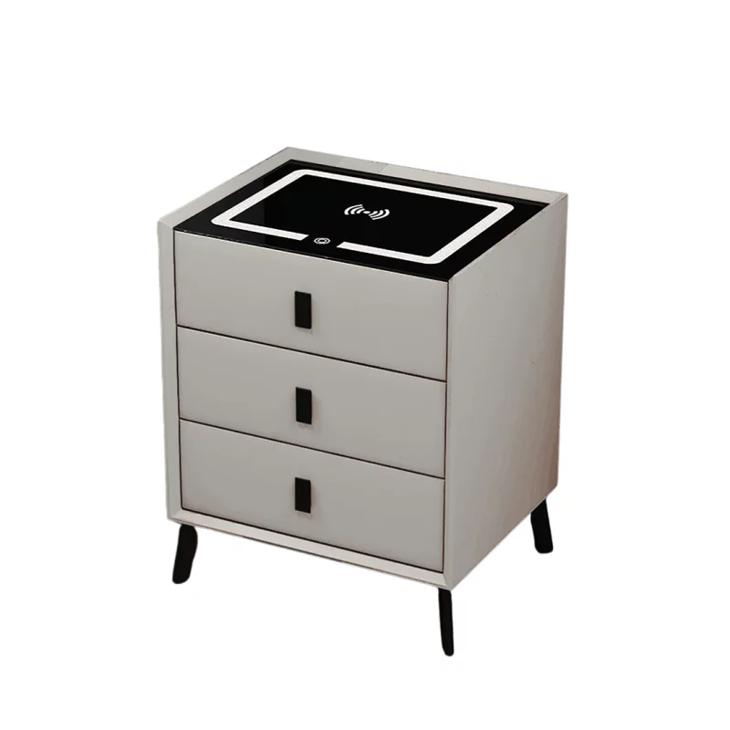 Noptieră inteligentă cu încărcare wireless, iluminare LED și 3 sertare – culoare albă, design modern din sticlă și lemn