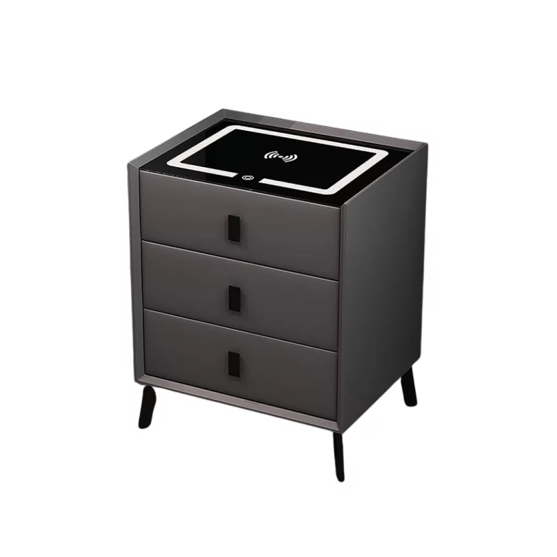 Noptieră inteligentă cu încărcare wireless, iluminare LED și 3 sertare – culoare gri antracit, design modern din sticlă și lemn