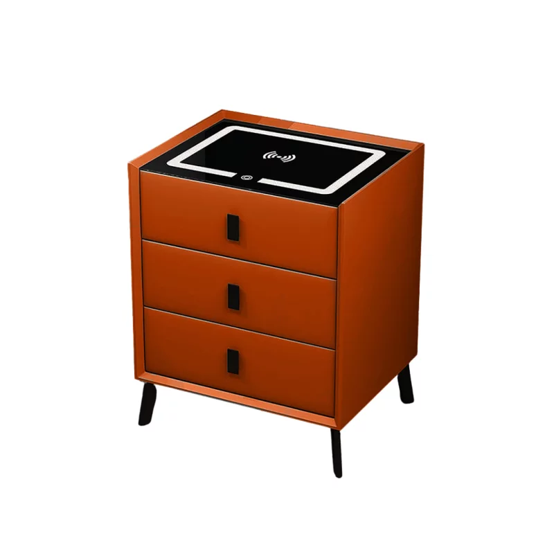 Noptieră inteligentă cu încărcare wireless, iluminare LED și 3 sertare – culoare portocalie, design modern din sticlă și lemn