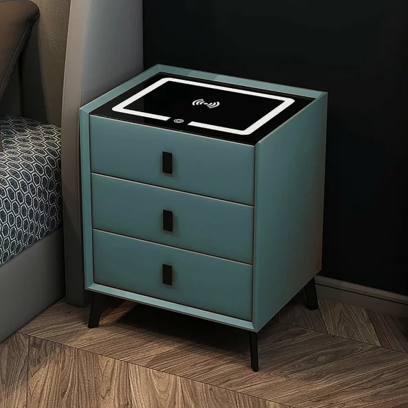 Intelligens ejjeliszekreny vezetek nelkuli toltessel, LED vilagitassal es 3 fiokkal - zold szinu, modern uveg es fa design