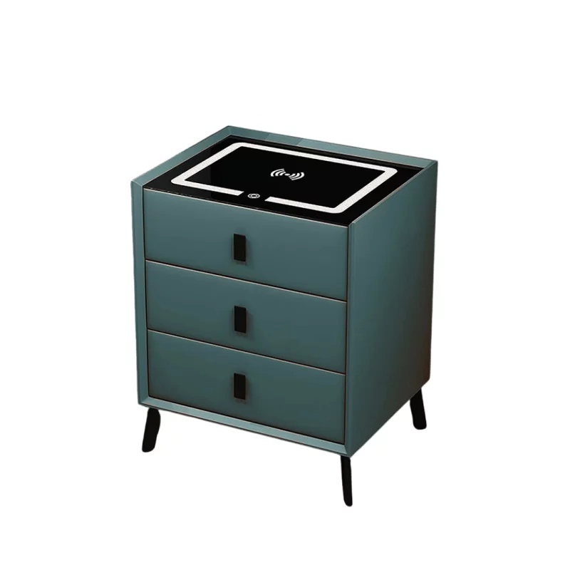 Noptieră inteligentă cu încărcare wireless, iluminare LED și 3 sertare – culoare verde, design modern din sticlă și lemn