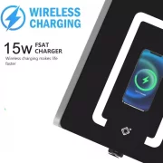Tienko smart noshchno shkafche s bezzhichno zarezhdane, LED osvetlenie, Bluetooth visokogovoritel, USB and Type-C port i sistema za priestovi otpechatietsi - bial tsviat, 2 chekmedzheta, moderen dizain ot stieklo i diervo