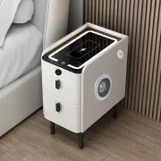 Tienko smart noshchno shkafche s bezzhichno zarezhdane, LED osvetlenie, Bluetooth visokogovoritel, USB and Type-C port i sistema za priestovi otpechatietsi - bial tsviat, 2 chekmedzheta, moderen dizain ot stieklo i diervo
