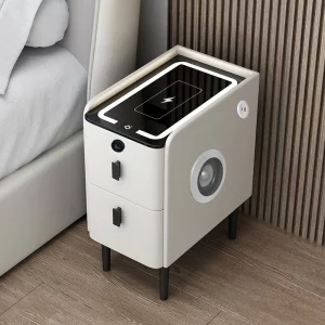 Tienko smart noshchno shkafche s bezzhichno zarezhdane, LED osvetlenie, Bluetooth visokogovoritel, USB and Type-C port i sistema za priestovi otpechatietsi - bial tsviat, 2 chekmedzheta, moderen dizain ot stieklo i diervo
