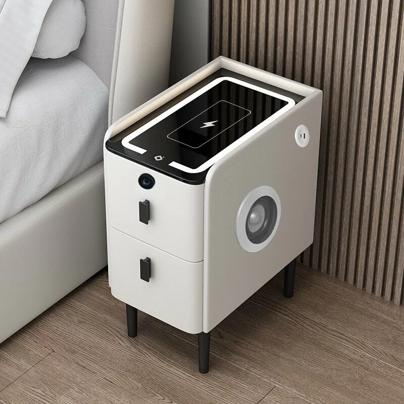 Noptieră inteligentă slim cu încărcare wireless, iluminare LED, difuzor Bluetooth, port USB & Type-C și sistem cu amprentă – culoare alb, 2 sertare, design modern din sticlă și lemn