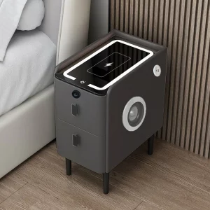 Tienko smart noshchno shkafche s bezzhichno zarezhdane, LED osvetlenie, Bluetooth visokogovoritel, USB and Type-C port i sistema za priestovi otpechatietsi - antratsitno siv tsviat, 2 chekmedzheta, moderen dizain ot stieklo i diervo