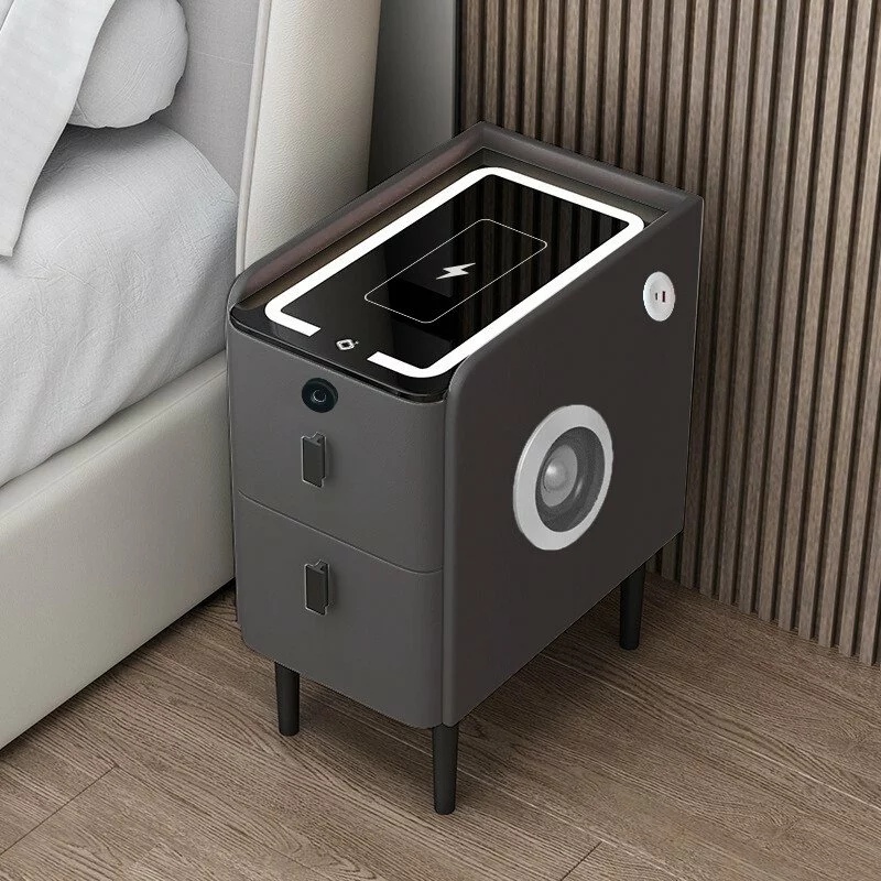 Noptieră inteligentă slim cu încărcare wireless, iluminare LED, difuzor Bluetooth, port USB & Type-C și sistem cu amprentă – culoare gri antracit, 2 sertare, design modern din sticlă și lemn