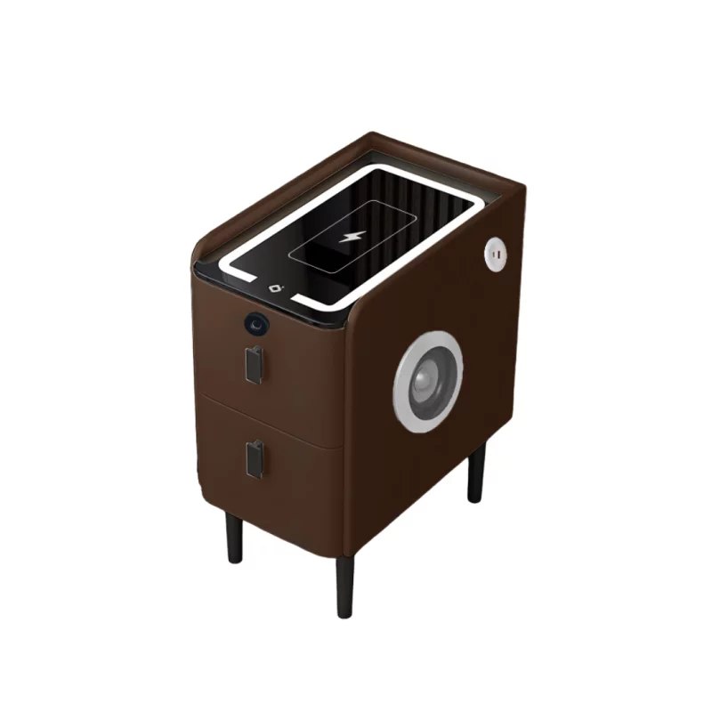 Noptieră inteligentă slim cu încărcare wireless, iluminare LED, difuzor Bluetooth, port USB & Type-C și sistem cu amprentă – culoare maro, 2 sertare, design modern din sticlă și lemn