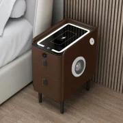 Vekony, intelligens ejjeliszekreny vezetek nelkuli toltessel, LED vilagitassal, Bluetooth hangszoroval, USB es Type-C porttal es ujjlenyomat-rendszerrel - barna szinu, 2 fiokkal, modern uveg es fa kialakitassal