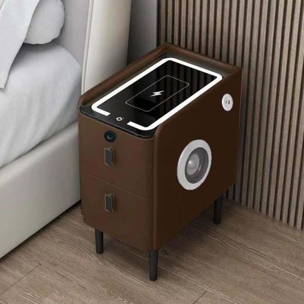 Vekony, intelligens ejjeliszekreny vezetek nelkuli toltessel, LED vilagitassal, Bluetooth hangszoroval, USB es Type-C porttal es ujjlenyomat-rendszerrel - barna szinu, 2 fiokkal, modern uveg es fa kialakitassal