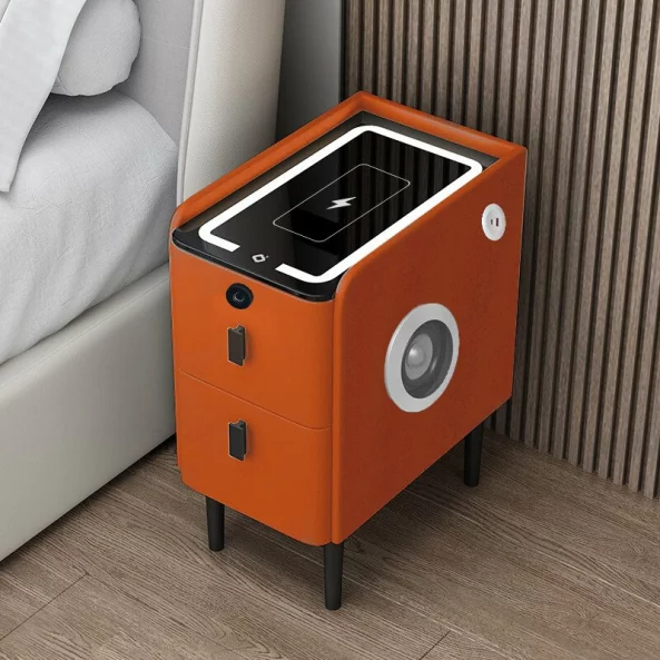 Noptieră inteligentă slim cu încărcare wireless, iluminare LED, difuzor Bluetooth, port USB &amp; Type-C și sistem cu amprentă – culoare portocaliu, 2 sertare, design modern din sticlă și lemn