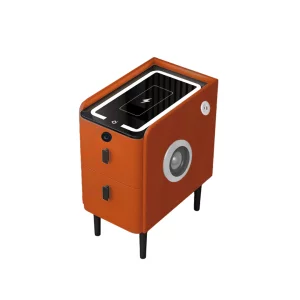 Tienko smart noshchno shkafche s bezzhichno zarezhdane, LED osvetlenie, Bluetooth visokogovoritel, USB and Type-C port i sistema za priestovi otpechatietsi - oranzhev tsviat, 2 chekmedzheta, moderen dizain ot stieklo i diervo