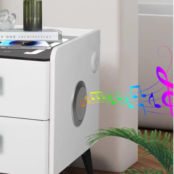 Tienko smart noshchno shkafche s bezzhichno zarezhdane, LED osvetlenie, Bluetooth visokogovoritel, USB and Type-C port i sistema za priestovi otpechatietsi - zelen tsviat, 2 chekmedzheta, moderen dizain ot stieklo i diervo