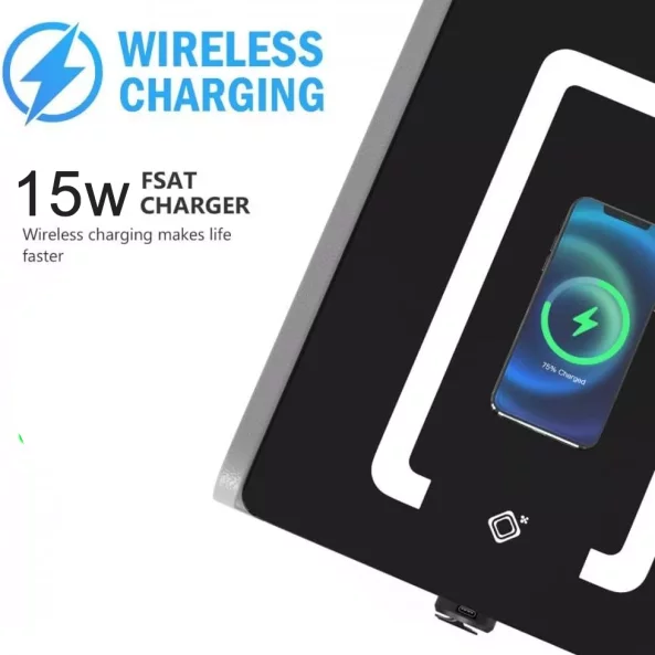 Tienko smart noshchno shkafche s bezzhichno zarezhdane, LED osvetlenie, Bluetooth visokogovoritel, USB and Type-C port i sistema za priestovi otpechatietsi - zelen tsviat, 2 chekmedzheta, moderen dizain ot stieklo i diervo