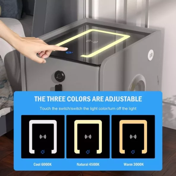 Tienko smart noshchno shkafche s bezzhichno zarezhdane, LED osvetlenie, Bluetooth visokogovoritel, USB and Type-C port i sistema za priestovi otpechatietsi - zelen tsviat, 2 chekmedzheta, moderen dizain ot stieklo i diervo