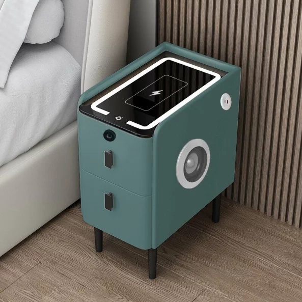 Tienko smart noshchno shkafche s bezzhichno zarezhdane, LED osvetlenie, Bluetooth visokogovoritel, USB and Type-C port i sistema za priestovi otpechatietsi - zelen tsviat, 2 chekmedzheta, moderen dizain ot stieklo i diervo