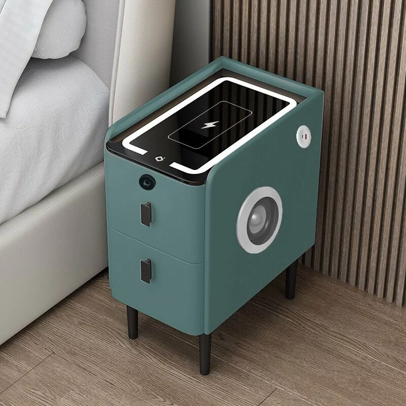 Noptieră inteligentă slim cu încărcare wireless, iluminare LED, difuzor Bluetooth, port USB & Type-C și sistem cu amprentă – culoare verde, 2 sertare, design modern din sticlă și lemn