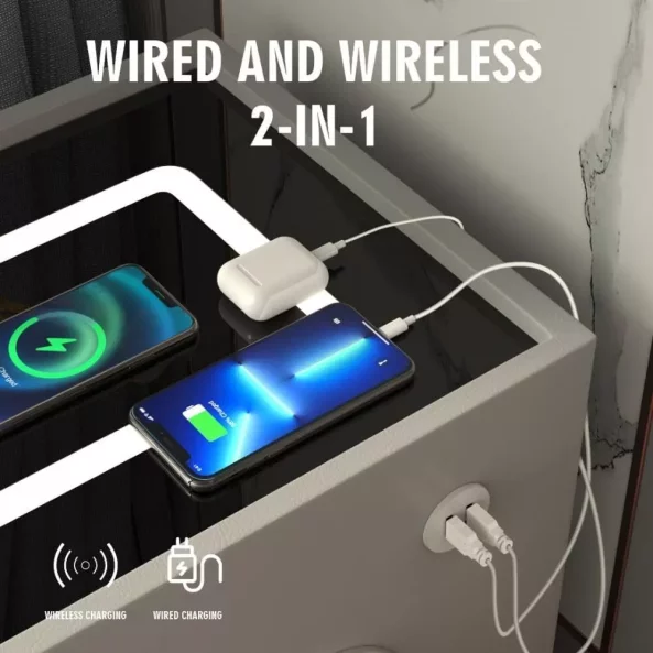 Tienko smart noshchno shkafche s bezzhichno zarezhdane, LED osvetlenie, Bluetooth visokogovoritel, USB and Type-C port i sistema za priestovi otpechatietsi - zelen tsviat, 2 chekmedzheta, moderen dizain ot stieklo i diervo