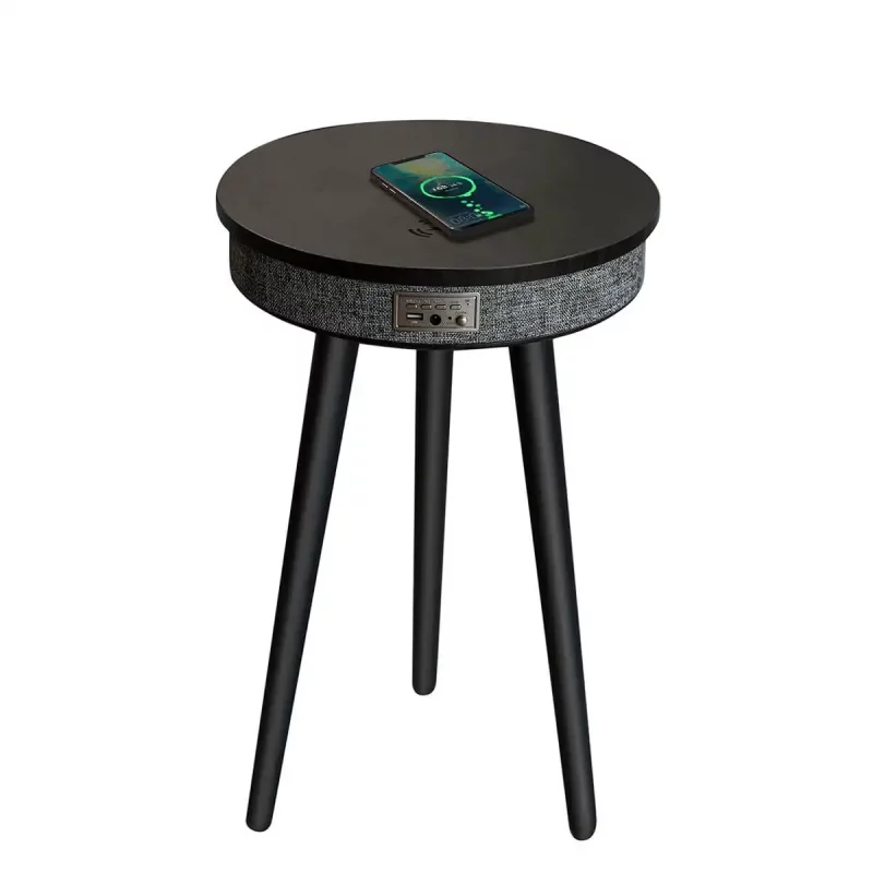 Masă inteligentă cu Bluetooth 5.0, sistem audio 20W și încărcare wireless – Neagra, design modern cu MDF și lemn de stejar