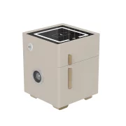 Inteligentno noshchno shkafche s bezzhichno zarezhdane, LED osvetlenie, 1 chekmedzhe za siekhranenie, seif, USB i Type-C port i 10 W Bluetooth visokogovoritel - bial, moderen dizain ot stieklo i diervo