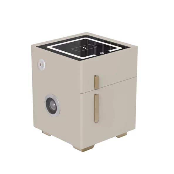 Inteligentno noshchno shkafche s bezzhichno zarezhdane, LED osvetlenie, 1 chekmedzhe za siekhranenie, seif, USB i Type-C port i 10 W Bluetooth visokogovoritel - bial, moderen dizain ot stieklo i diervo