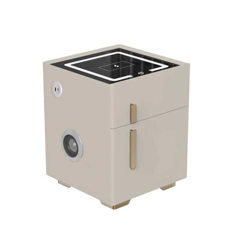 Noptieră inteligentă cu încărcare wireless, iluminare LED, 1 sertar de depozitare, seif, port USB și Type-C și difuzor Bluetooth 10W – albă, design modern din sticlă și lemn