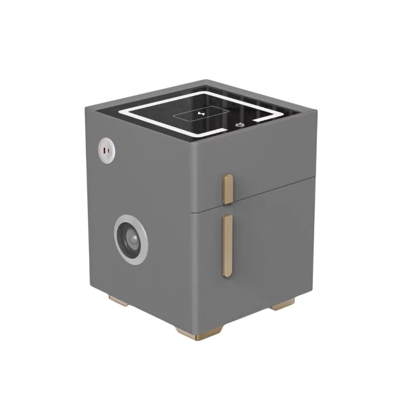 Noptieră inteligentă cu încărcare wireless, iluminare LED, 1 sertar de depozitare, seif, port USB și Type-C și difuzor Bluetooth 10W – gri antracit, design modern din sticlă și lemn