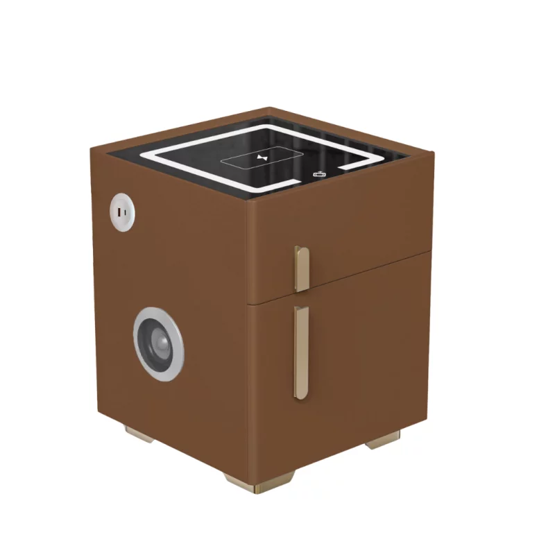 Noptieră inteligentă cu încărcare wireless, iluminare LED, 1 sertar de depozitare, seif, port USB și Type-C și difuzor Bluetooth 10W – maro, design modern din sticlă și lemn