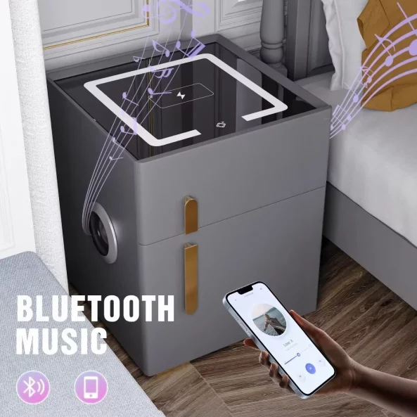 Inteligentno noshchno shkafche s bezzhichno zarezhdane, LED osvetlenie, 1 chekmedzhe za siekhranenie, seif, USB i Type-C port i 10 W Bluetooth visokogovoritel - oranzhev, moderen dizain ot stieklo i diervo