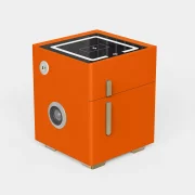 Inteligentno noshchno shkafche s bezzhichno zarezhdane, LED osvetlenie, 1 chekmedzhe za siekhranenie, seif, USB i Type-C port i 10 W Bluetooth visokogovoritel - oranzhev, moderen dizain ot stieklo i diervo