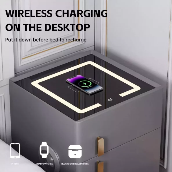Inteligentno noshchno shkafche s bezzhichno zarezhdane, LED osvetlenie, 1 chekmedzhe za siekhranenie, seif, USB i Type-C port i 10 W Bluetooth visokogovoritel - zelen, moderen dizain ot stieklo i diervo
