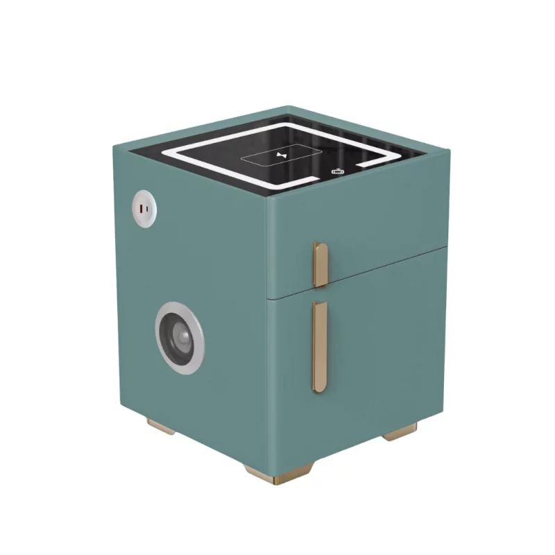Noptieră inteligentă cu încărcare wireless, iluminare LED, 1 sertar de depozitare, seif, port USB și Type-C și difuzor Bluetooth 10W – verde, design modern din sticlă și lemn