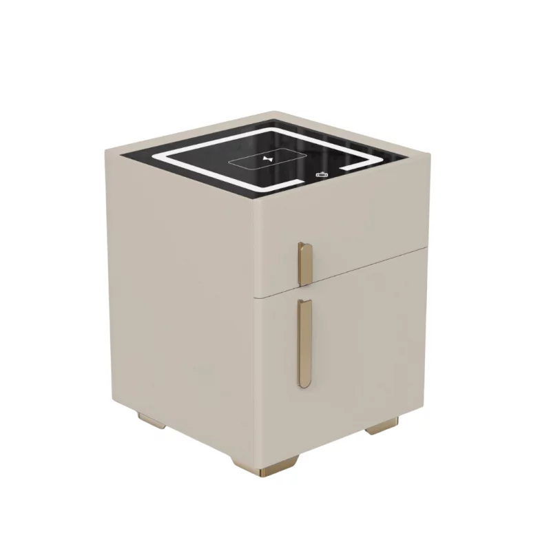 Noptieră inteligentă cu încărcare wireless, iluminare LED, 1 sertar de depozitare și seif – albă, design modern din sticlă și lemn