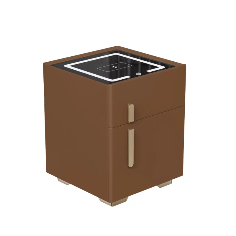 Noptieră inteligentă cu încărcare wireless, iluminare LED, 1 sertar de depozitare și seif – maro, design modern din sticlă și lemn