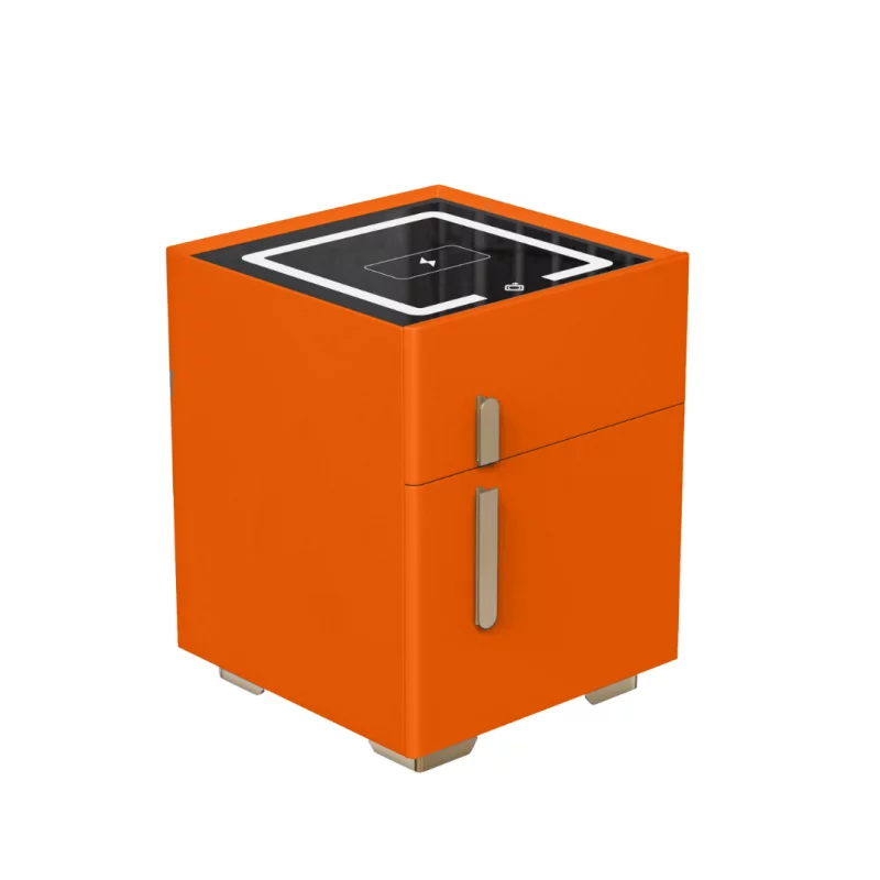 Noptieră inteligentă cu încărcare wireless, iluminare LED, 1 sertar de depozitare și seif – portocalie, design modern din sticlă și lemn