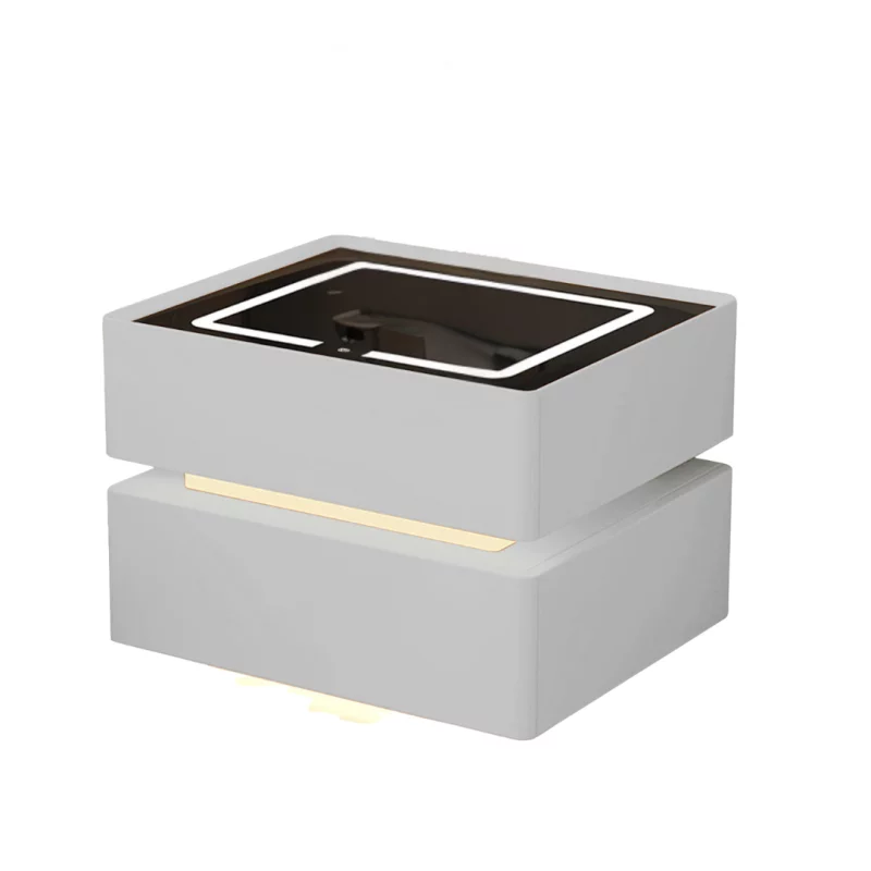 Noptieră inteligentă cu încărcare wireless, iluminare LED, 2 sertare de depozitare – albă, design modern din sticlă și lemn