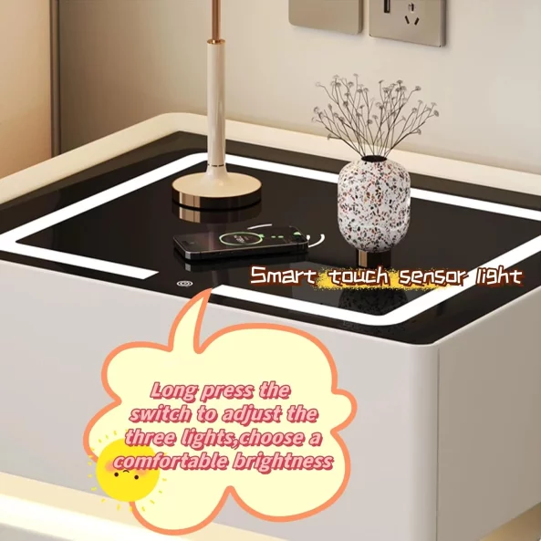 Intelligens ejjeliszekreny vezetek nelkuli toltessel, LED vilagitassal, 2 tarolofiokkal – feher, modern uveg es fa design