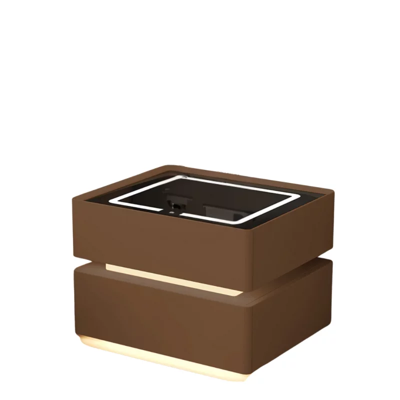 Noptieră inteligentă cu încărcare wireless, iluminare LED, 2 sertare de depozitare – maro, design modern din sticlă și lemn