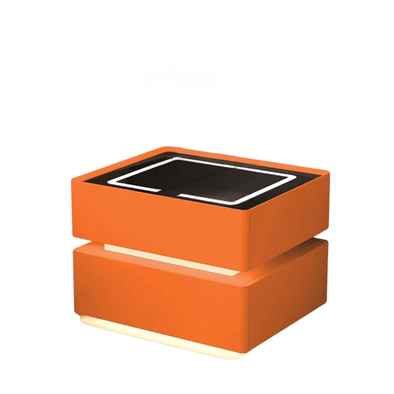 Noptieră inteligentă cu încărcare wireless, iluminare LED, 2 sertare de depozitare – portocalie, design modern din sticlă și lemn