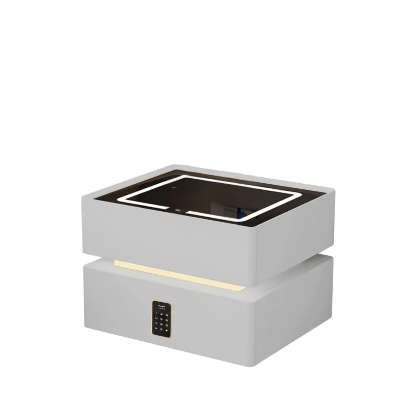 Noptieră inteligentă cu încărcare wireless, iluminare LED, 2 sertare de depozitare, senzor de lumină nocturnă și încuietoare codificată – albă, design modern din sticlă și lemn
