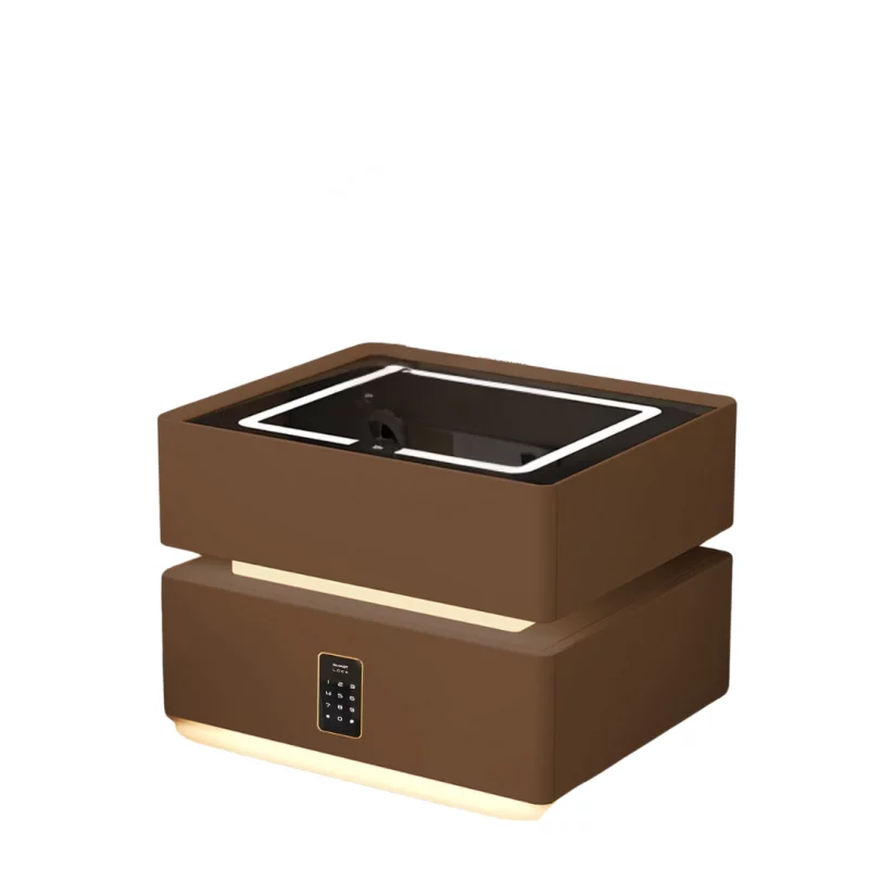 Noptieră inteligentă cu încărcare wireless, iluminare LED, 2 sertare de depozitare, senzor de lumină nocturnă și încuietoare codificată – maro, design modern din sticlă și lemn
