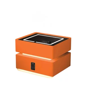Mesita de noche inteligente con carga inalámbrica, iluminación LED, 2 cajones de almacenamiento, sensor de luz nocturna y cerradura codificada - naranja, diseño moderno de vidrio y madera