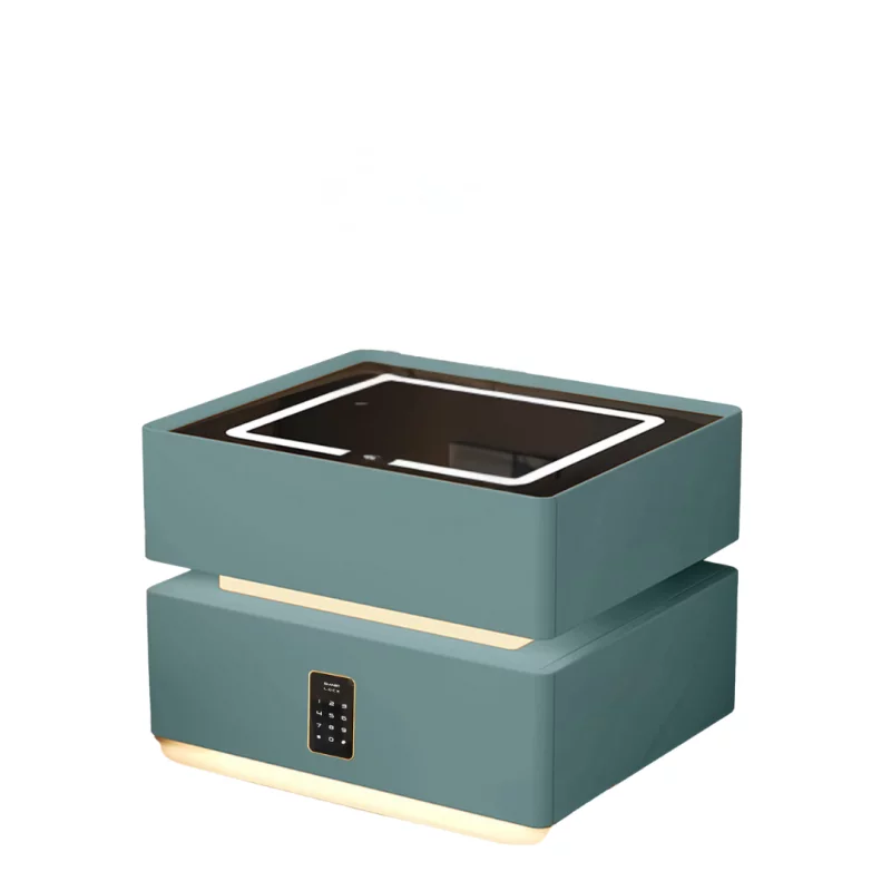 Noptieră inteligentă cu încărcare wireless, iluminare LED, 2 sertare de depozitare, senzor de lumină nocturnă și încuietoare codificată – verde, design modern din sticlă și lemn