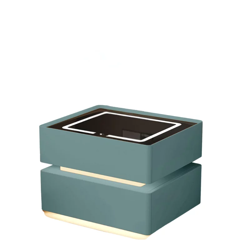 Noptieră inteligentă cu încărcare wireless, iluminare LED, 2 sertare de depozitare – verde, design modern din sticlă și lemn