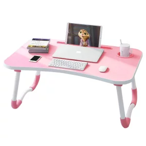 Masă pliabilă pentru laptop, 60x40x28cm, roz – Design modern din MDF și metal