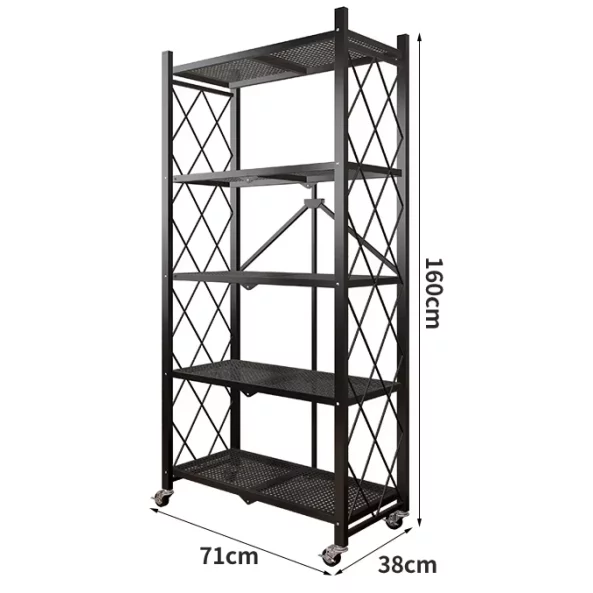 Cheren metalen raft za siekhranenie, 5 niva, razmeri 71x38x160 sm