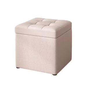 Taburet cu spațiu de depozitare, 30x30x35cm, Crem – Design modern din material textil și burete