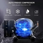 Auto hutoszekreny intelligens hutokompresszorral 75L, 12/24V, LCD kijelzovel es Bluetooth-al, zold adot tartalmaz